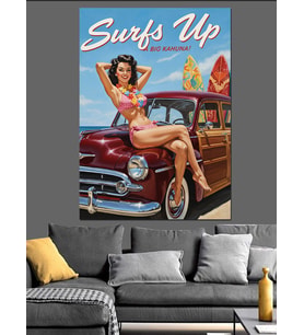 Pin-Up Kız Kırmızı Araba Dekoratif Kanvas - Mdf Ahşap Tablo