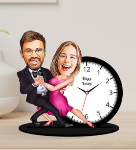 Kişiye Özel Karikatürlü Dans Eden Çift Ahşap Biblo Masa Saati