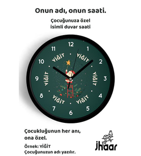 İsme Özel Yılbaşı Çocuk Odası Duvar Saati Orta Boy 30 cm Siyah Camlı Sessiz