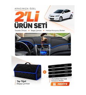 e-biz HYUNDAİ ACCENT BLUE (2011-2017) Uyumlu Torpido Örtüsü + Tay Tüyü Çanta - Siyah-Mavi - HU011