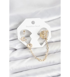 Uzay Model Pirinç Gold Renk Zincir Bağlantılı Ear Cuff Küpe Seti 5886 - HPSBYI4864-1789
