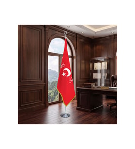 Allah, Vatan, Namus, Birlik -Ters Bayrak Direkli - Altın Saçaklı Saten Makam Bayrağı Seti (Krom Direk)