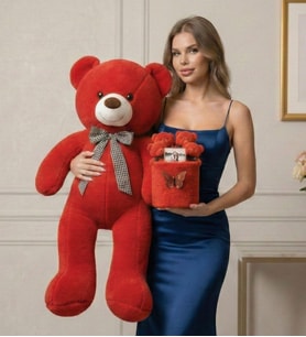 Sevgiliye Özel Tasarım Seti 90 Cm Peluş Ayı ve Fotoğraflı 4'lü Kırmızı Ayıcık Buketi