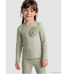 LCW Kids Yeşil Çiçek Aplikeli Fitilli Kız Çocuk Simli Tişört