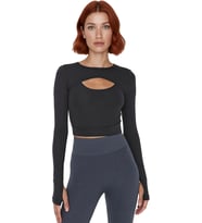 Moda Bisiklet Yaka Örme Fit Düz Desen Sportswear Crop Uzun Kol Bluz
