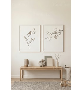 Kuşlu Dal Minimalist 2’li Ahşap Çerçeveli Tablo Seti