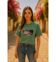 Kadın Bisiklet Yaka %100 Pamuk Blok Baskılı Kısa Kollu T-Shirt