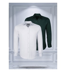 Todth 2'li Paket Kolay Ütülenebilen Dört Mevsim Modern Fit Yumuşak Dokulu Beyaz ve Yeşil Çizgili Gömlek