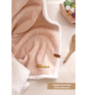 Kişiye İsime Özel Nakışlı Hediyelik Yenidoğan Fluffy Kundak Puset Bebek Battaniyesi Solid Bej
