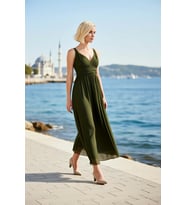 Kadın Büyük Beden Maxi Elbise V Yaka Kolsuz A Kesim Tül Örme Kumaş Büzgülü Bel Düz Desenli