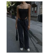 Arkadan Yırtmaçlı Jeans Kot Palazzo Pantolon - Siyah