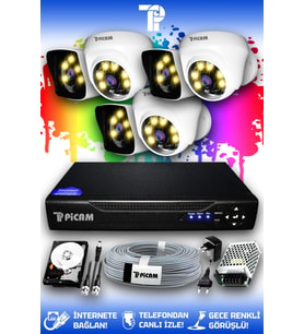 PICAM 6 Kameralı Kare 3 İç Kamera Set 320 GB HDD Full HD Renkli Gece Görüşlü Güvenlik Kamerası Sistemi