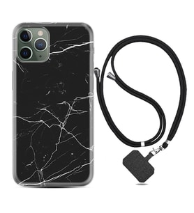 Apple iPhone 11 12 13 14 Pro Max Kılıf Boyun Askılı Silikon Siyah Mermer 1299