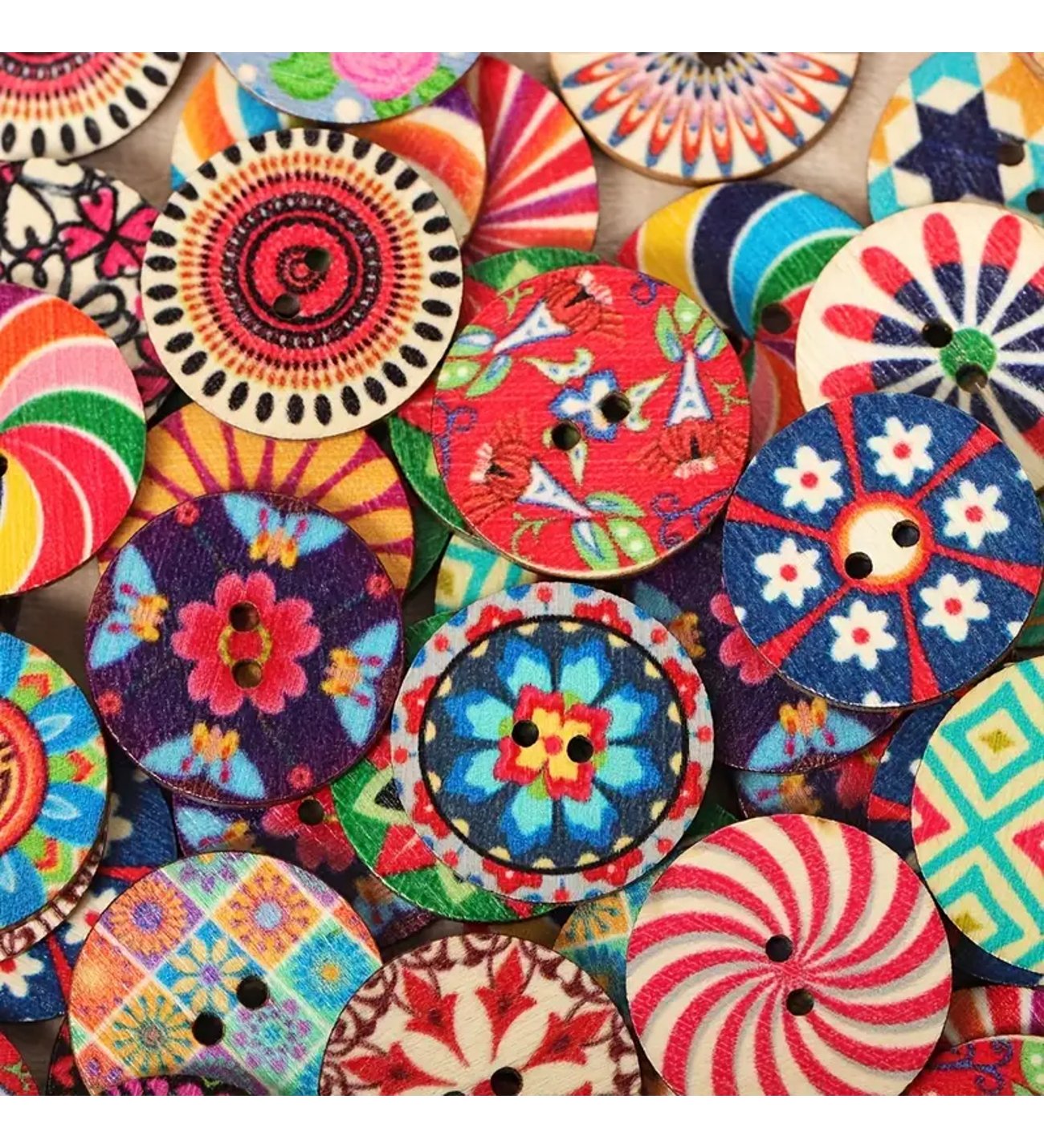 Renkli Desenli Ahşap Düğme Seti - Bohem Vintage Çiçekli ve Geometrik 3