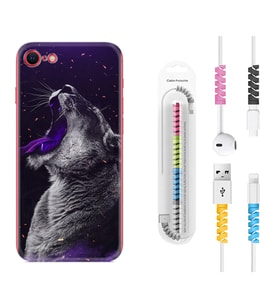 Apple iPhone 5 6 7 8 Plus Se XR Kılıf Kablo Koruma Spiral Silikon Purple Leopar 1750