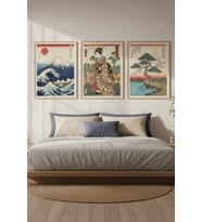 Japon Ukiyo-e Klasik Sanat 3’lü Ahşap Çerçeveli Tablo Seti