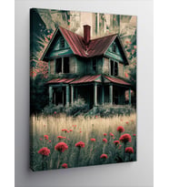 Kanvas Tablo Kır Evi Ve Kırmızı Çiçekler