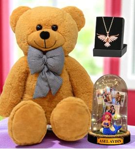 Büyük Boy Kahverengi Peluş Ayıcık, Size Özel Led Işıklı Fanus ve Zümrüdü Anka Kuşu Kolye (Model 7)