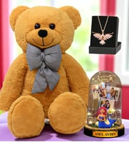 Büyük Boy Kahverengi Peluş Ayıcık, Size Özel Led Işıklı Fanus ve Zümrüdü Anka Kuşu Kolye (Model 7)