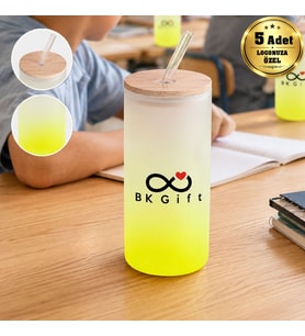 Logonuza Özel 5 Adet Pipetli Cam Matara 600 ml Ahşap Kapaklı Kurumsal Suluk