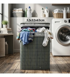 GRİ DİKDÖRTGEN 2 BÖLMELİ 52X32CM Y:63CM BAMBU AHŞAP KİRLİ ÇAMAŞIR SEPETİ KUMAŞ ÇANTALI İP KULP (5680)