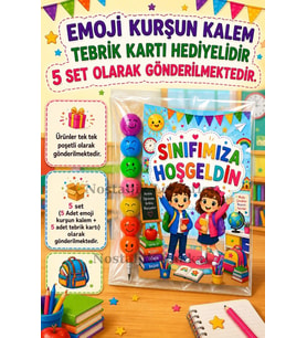5 Adet Okula Yeni Başlayan Öğrencilere Sınıfımıza Hoşgeldin Yazılı Hediye Seti 1. Sınıf- Sene Başı Hatırası Emoji Kurşun Kalem Tebrik Kartı Hediyeli