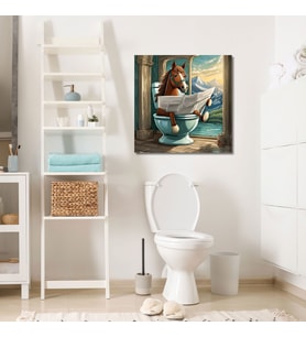 Tekli Kare Kanvas Banyo Tablosu Gazete Okuyan Kahverengi At