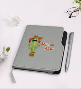BK Gift Kişiye Özel Kaktüs Tasarımlı Gri Termo Deri Defter Kalem Seti-7