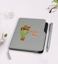 BK Gift Kişiye Özel Kaktüs Tasarımlı Gri Termo Deri Defter Kalem Seti-7