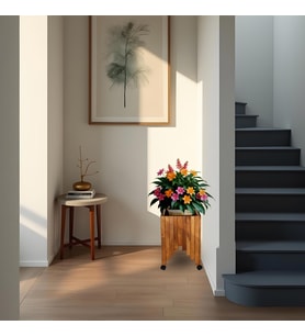 Dekoratif Ahşap Saksılık Çiçeklik Ahşap Saksı Altlığı 38x38x50 cm Tekerlekli Saksı Sehpası