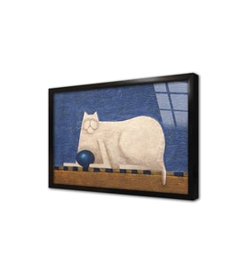 Beyaz Kedi Çerçeveli Cam Tablo