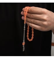 Sıkma Kehribar 925 Ayar Gümüş Tesbih (Bej)