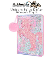 Unicorn Simli Peluş Çizgili Defter 1 Adet Hatıra ve Günlük Defteri Peluş Ponponlu Defter A5 80 Yaprak (Pembe)