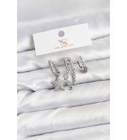 Pirinç Gümüş Renk Zirkon Taşlı Yıldız Vintage Model YSX Trio Küpe Seti 5886 - HPSBYI7196-8