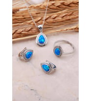 Opal Taşlı Damla Gümüş Üçlü Set 2423 (Mavi)