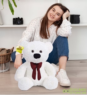 Tatlı Papyonlu Peluş Ayıcık – Sevimli Oturan Ayı, Çocuk Hediyesi (Beyaz)