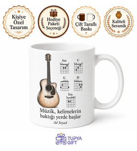 Gitariste Hediye Akustik Ritimler ve Akor Tablosu Çizimli Kupa Bardak