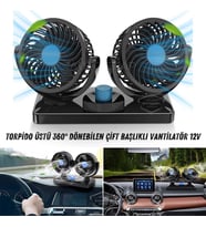 Oto Ofis Araç İçi Torpido Üstü Vantilatör Çift Başlıklı Çakmaklıklı Soğutucu Fan 360° Dönebilen 12V