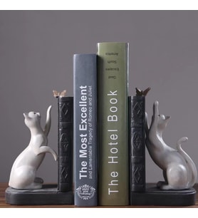 Dekoratif Kedi Figürlü Kelebek Detaylı İkili Kitap Tutucu Kitap Desteği Dekoratif Obje (Beyaz)