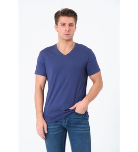 Erkek V Yaka %100 Pamuk Kısa Kollu Lacivert T-shirt Basic Erkek Tişört