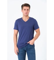 Erkek V Yaka %100 Pamuk Kısa Kollu Lacivert T-shirt Basic Erkek Tişört