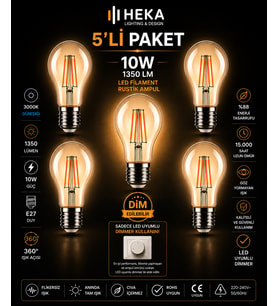 (5 Adet) Heka 10W Günışığı (3000K) E27 Duylu Dim Edilebilir LED Rustik Ampul