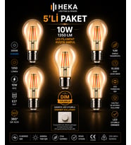 (5 Adet) Heka 10W Günışığı (3000K) E27 Duylu Dim Edilebilir LED Rustik Ampul