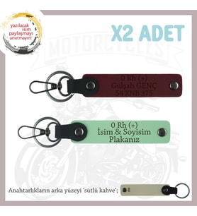 Motorcu Dostlara Özel, İsim Plaka ve 0 Rh (+) Kan Grubu Yazılı x2 Anahtarlık Set, Yeşil-Bordo-SK (Çok Renkli)