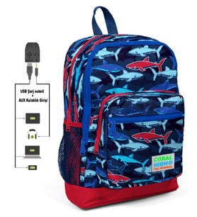 Coral High Mavi-Kırmızı Köpekbalığı Baskılı İlkokul ve Günlük Sırt Çantası - Erkek Çocuk - USB ve AUX Soketli