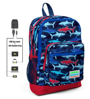 Coral High Mavi-Kırmızı Köpekbalığı Baskılı İlkokul ve Günlük Sırt Çantası - Erkek Çocuk - USB ve AUX Soketli
