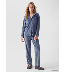LCW DREAM İndigo Gömlek Yaka Kadife Kadın Pijama Takım
