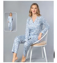 Melodi Kadın Standart Kalıp %100 PAMUK Önden Düğmeli Uzun Kol Baharlık Pijama Takımı 16148- 1 Adet (Açık Mavi)