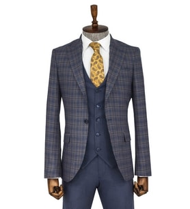 Ekose Ceketli Slim Fit Mavi Erkek Takım Elbise - Wessi
