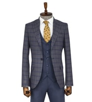 Ekose Ceketli Slim Fit Mavi Erkek Takım Elbise - Wessi